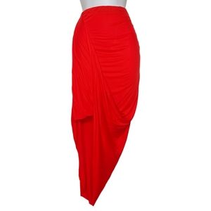 MISS AVENUE Red Twist Asymmetrical Hem Stretchy Midi Skirt Large NWT